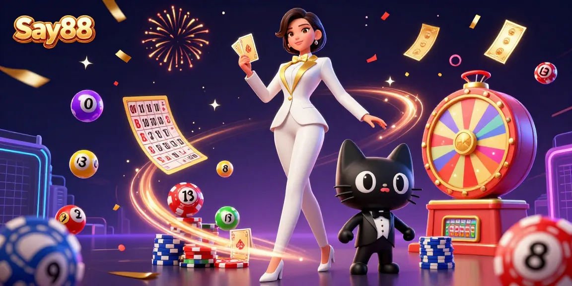 Engage with Say88 in a vibrant casino scene filled with colorful elements and dynamic action.
