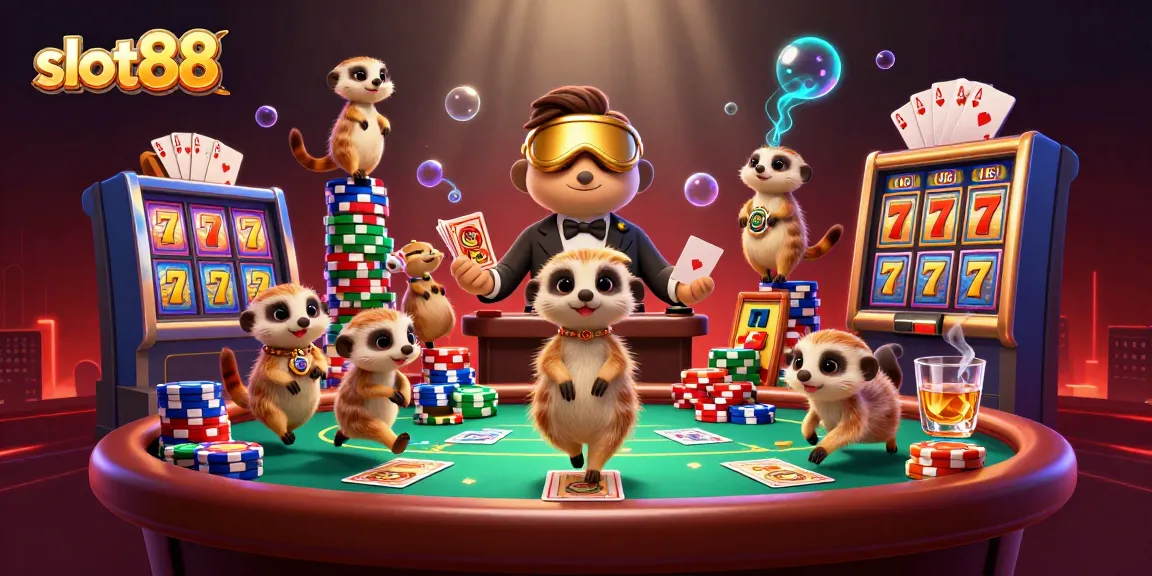 Slot88 menampilkan koloni meerkat yang menjalankan kasino dengan slot dan tumpukan chip poker.