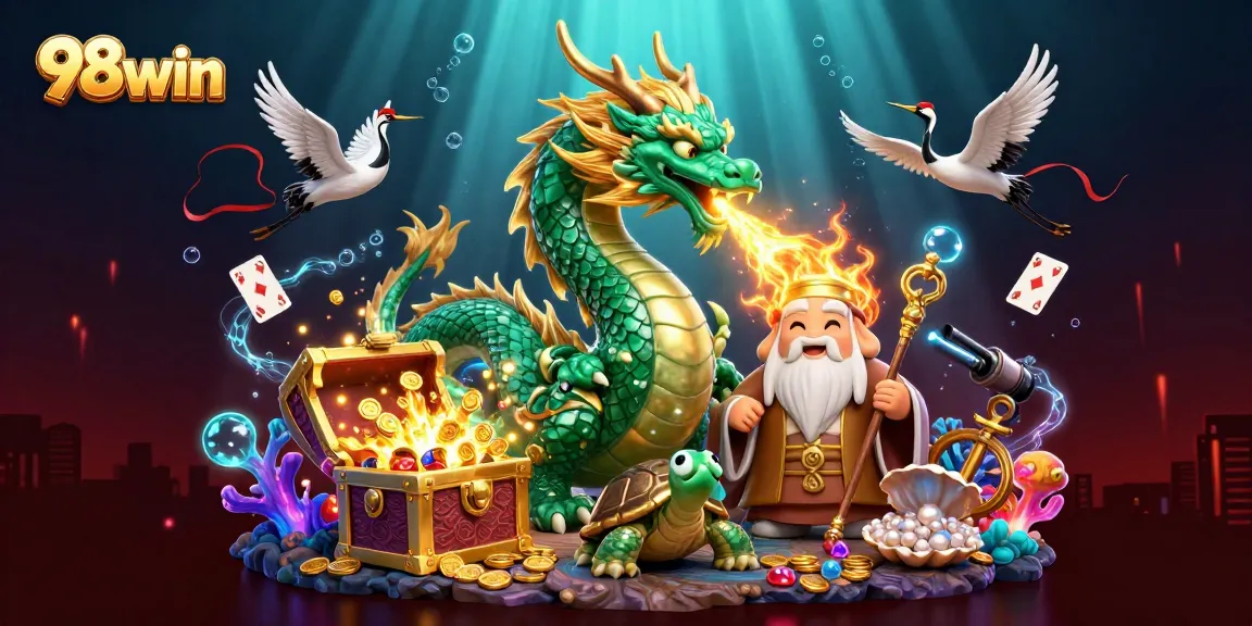 Experience the thrill of 98win with a vibrant dragon and sage amidst gold and gems.