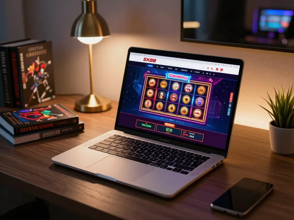 SX88 online gaming setup with vibrant slot games displayed on laptop for an immersive experience