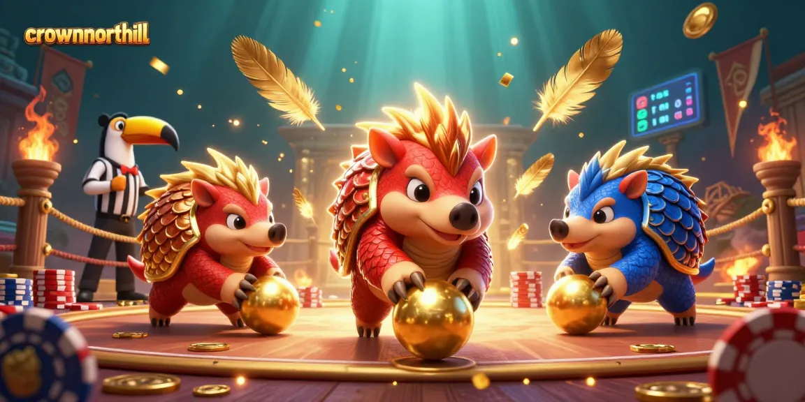Crownnorthill features a vibrant scene of cartoon pangolins engaged in dynamic casino gameplay, celebrating slot wins.