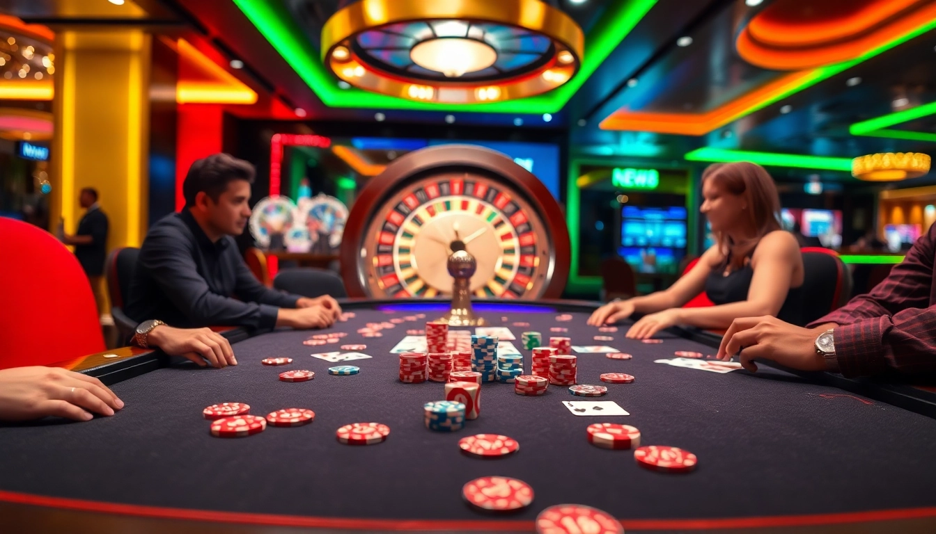 Players enjoying an exciting poker game at New88 casino, featuring vibrant colors and rich atmosphere.