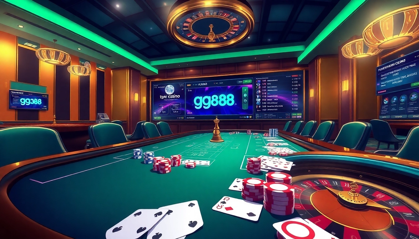 Image of a thrilling casino atmosphere displaying high-stakes poker and roulette, inspired by https://gg88.cool/.