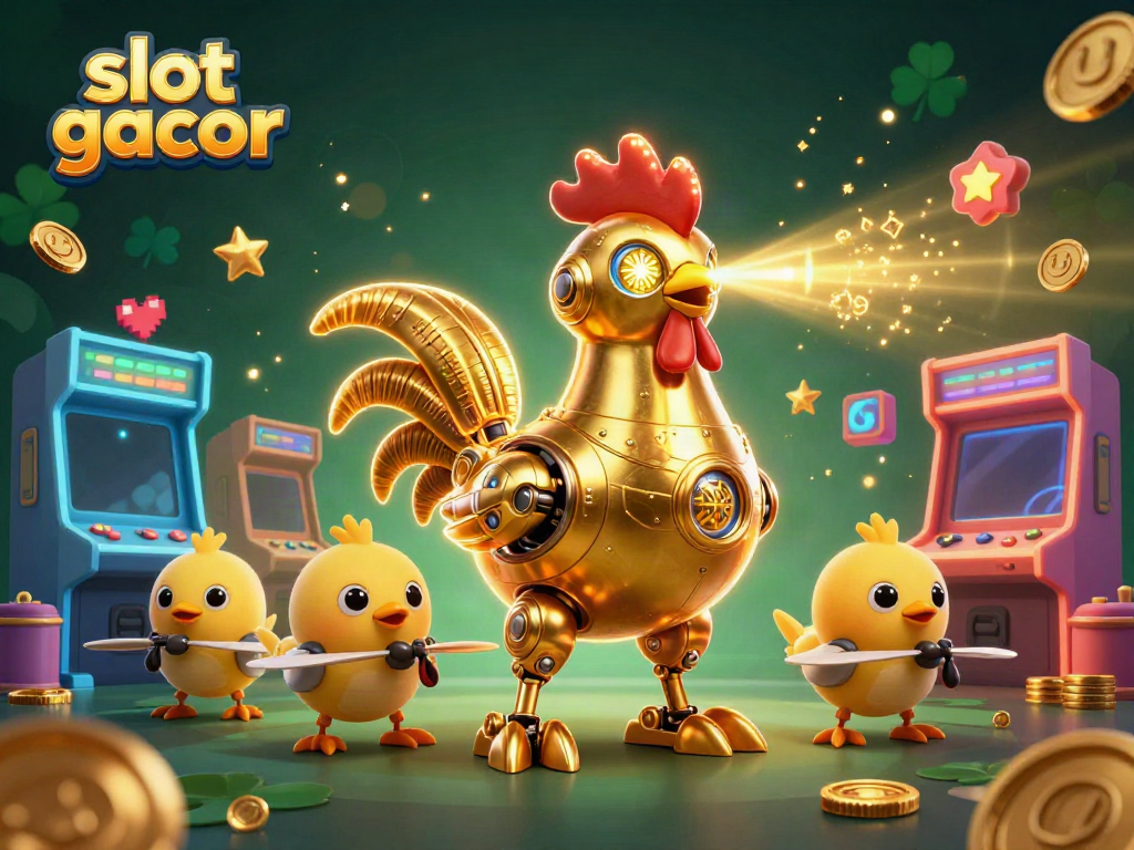 Experience thrilling gameplay with slot gacor through a vibrant 3D illustration featuring a golden rooster and game elements.