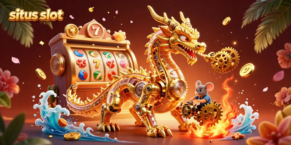 Engage with situs slot offerings featuring a golden dragon and vibrant slot machine elements.