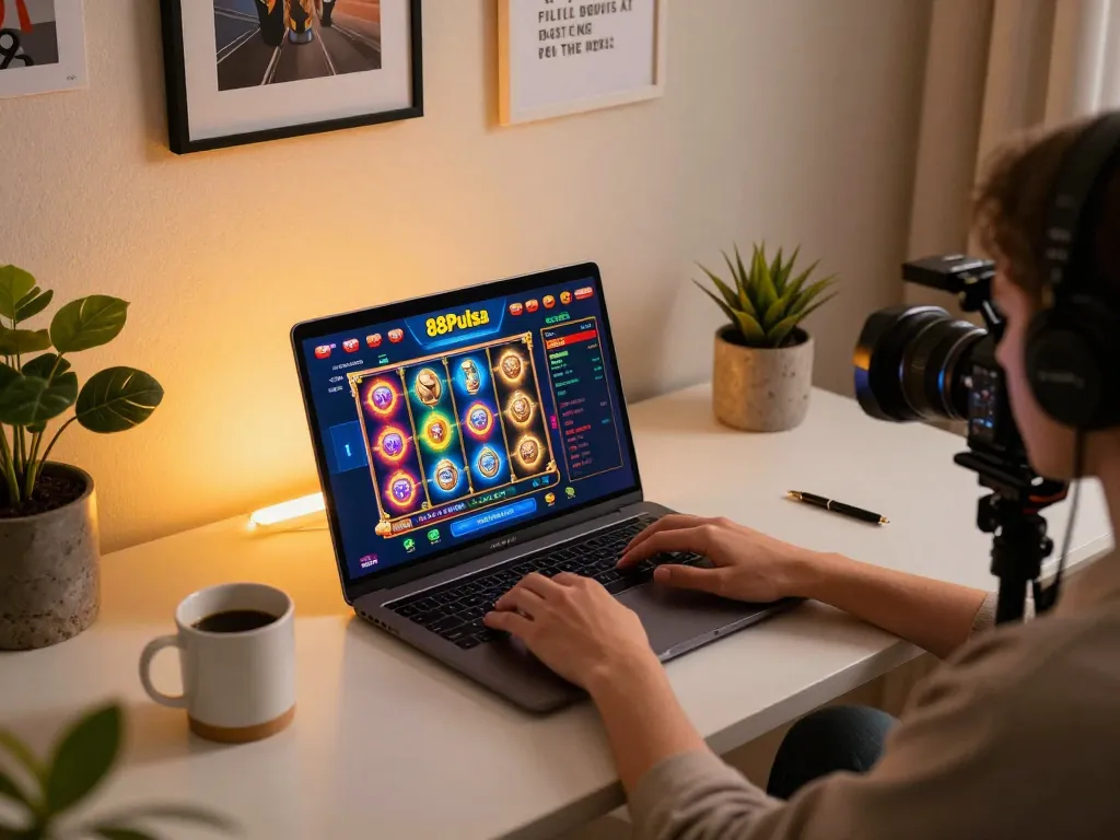 Pemain yang terlibat menikmati permainan slot di platform kasino 88Pulsa dari pengaturan rumah yang stylish.