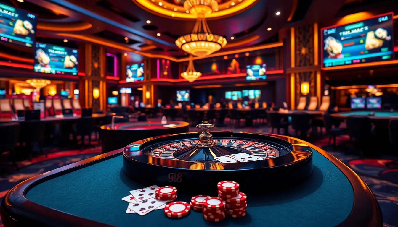 Exciting GG 88 online casino scene featuring poker chips, cards, and roulette wheel in luxurious setting.