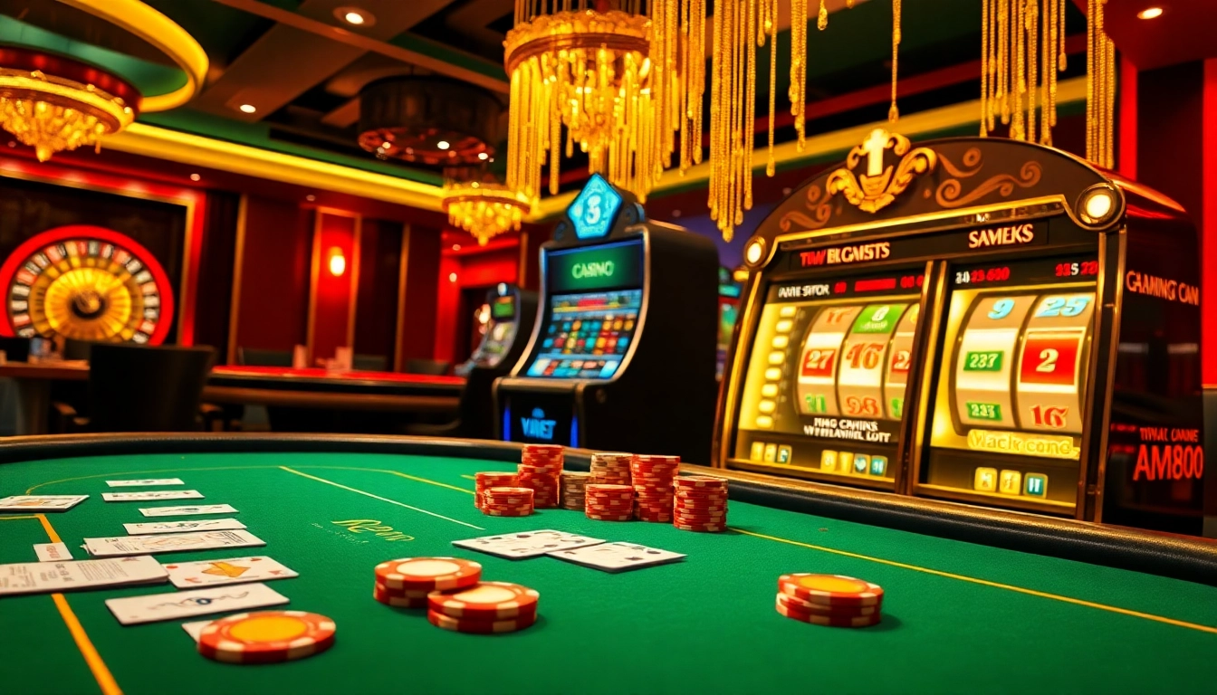 Experience the thrill of MM88 online gambling with a luxurious casino scene featuring poker tables and slot machines.