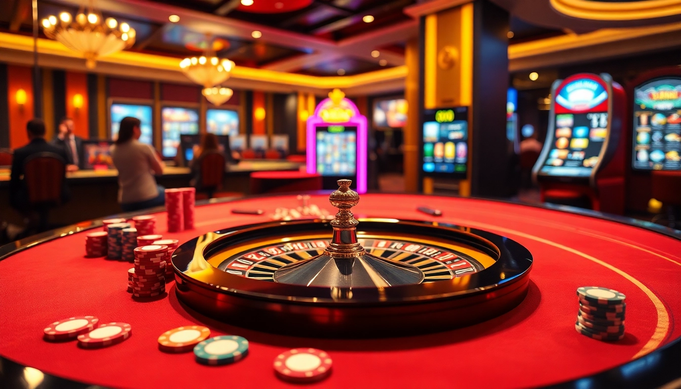 Engaging casino scene showcasing ทางเข้า mk8 with vibrant slot machines and poker chips.