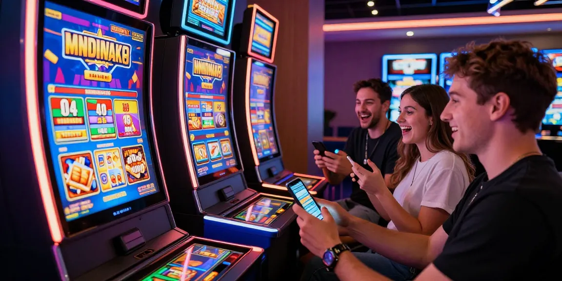 Players enjoying new online slot sites at a vibrant virtual casino with colorful slot machine displays.