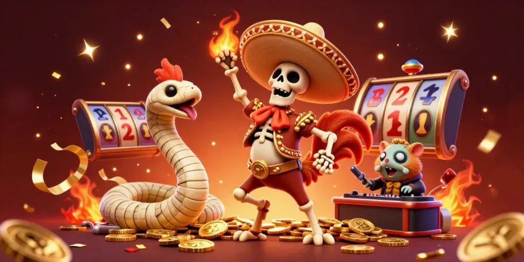 Rasakan kemenangan di situs gwp168 dengan skeleton mariachi yang merayakan di atas koin emas.