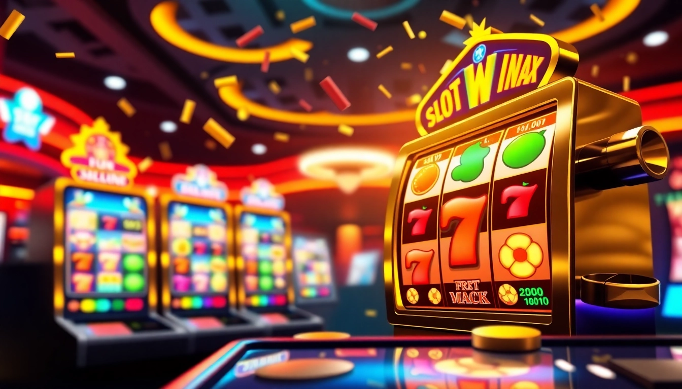 Menggambarkan pengalaman bermain slot maxwin dengan mesin slot digital yang berwarna-warni dan penuh energi.