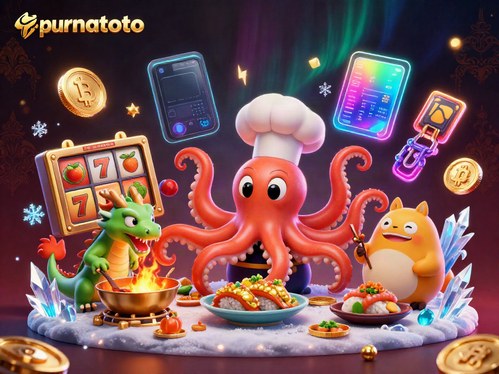 Menangkan permainan slot gacor menggunakan purnatoto dengan ilustrasi yang penuh energi dan elemen kasino digital.