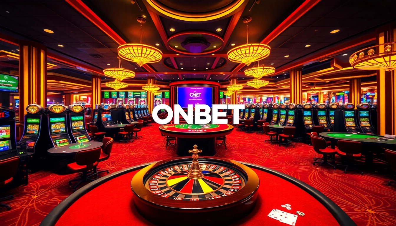 Exciting casino scene featuring ONBET logo amidst poker tables and slot machines.