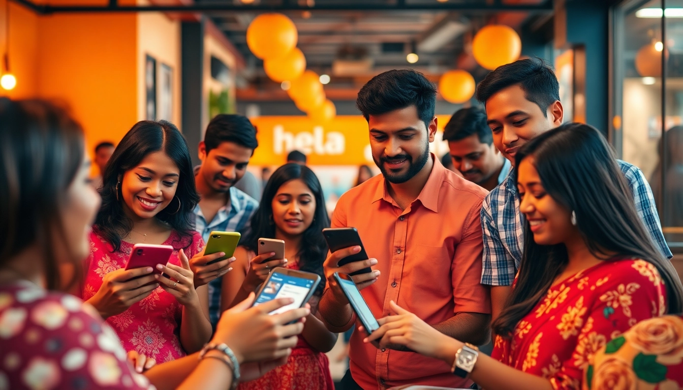 Engaged users browsing Hela Ads on digital devices in a lively Sri Lankan marketplace.