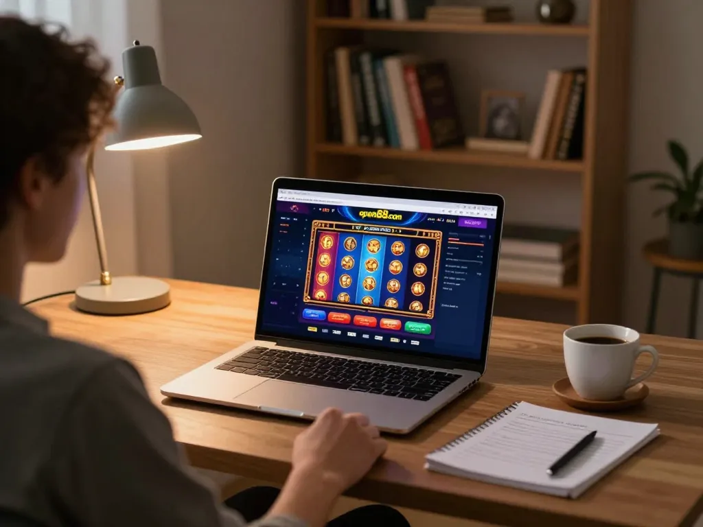Engaged player exploring lively games on open88.com using a laptop in a cozy modern setup.