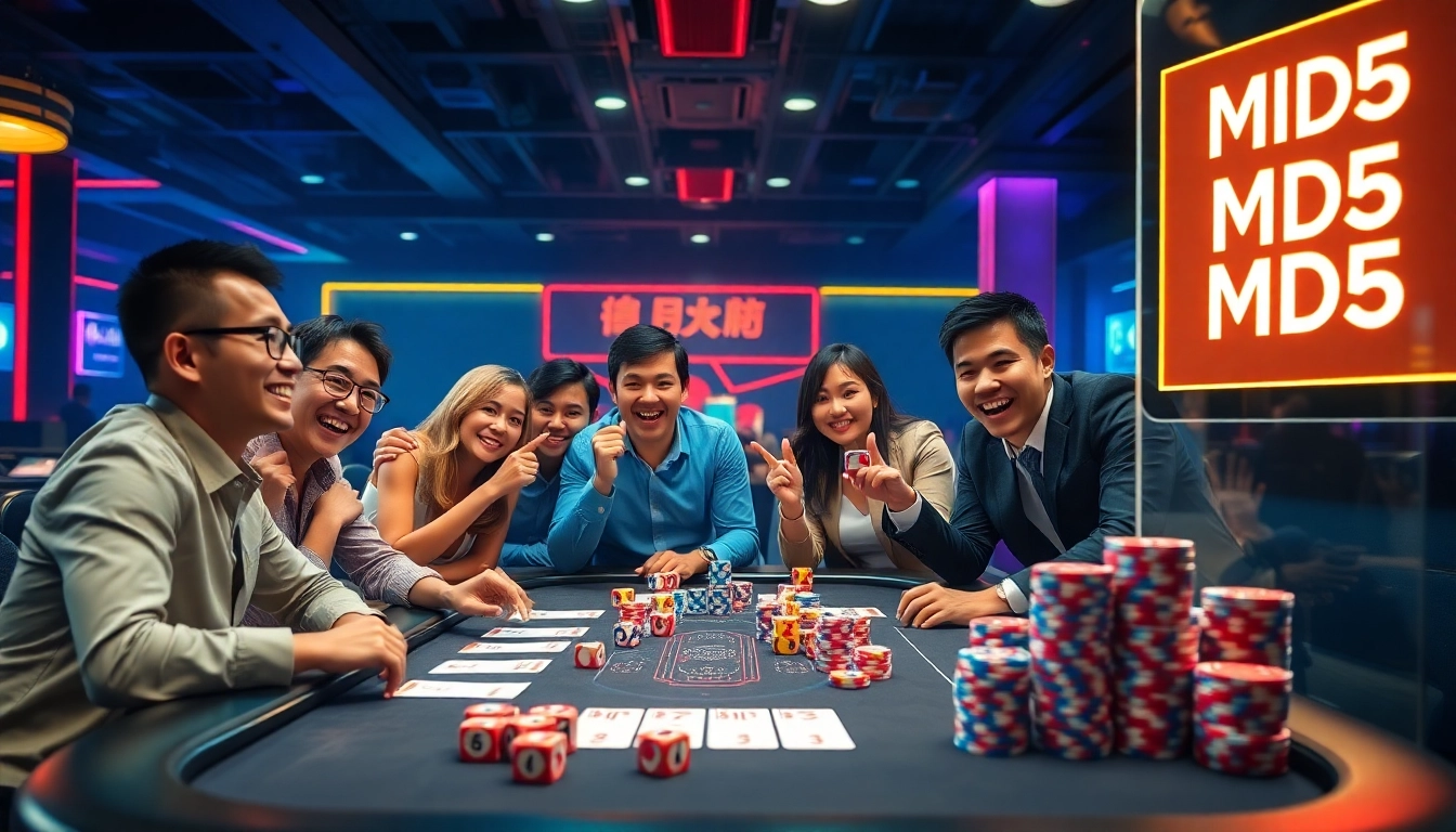 Exciting Tài Xỉu MD5 game scene with players, colorful dice, and a transparent MD5 display.