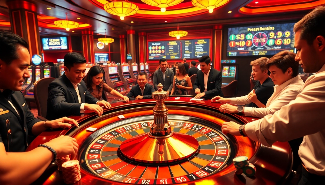 Excited players at the KP88 casino roulette table enjoying a thrilling gaming experience.