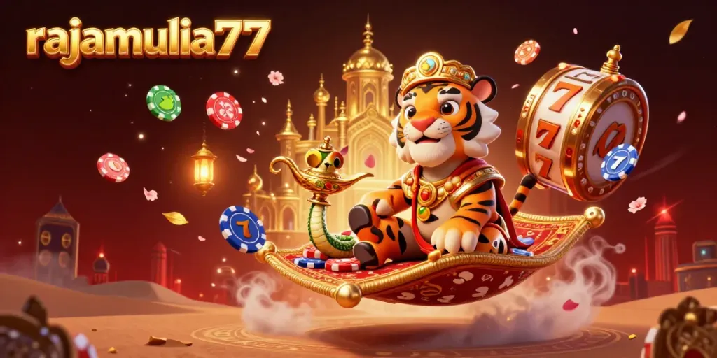 RAJAMULIA77 tampilkan kegembiraan bermain slot gacor dengan karakter sultan dan elemen kasino berwarna-warni.