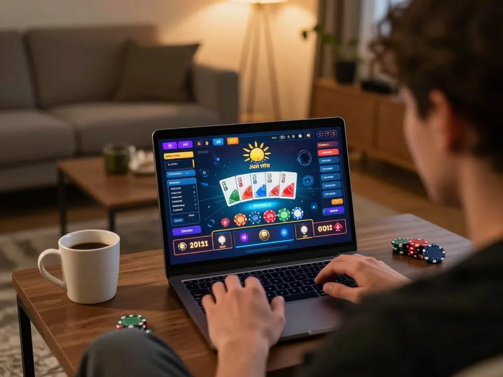 Engaged player enjoying the sun win online casino experience on a laptop in a cozy home setting.