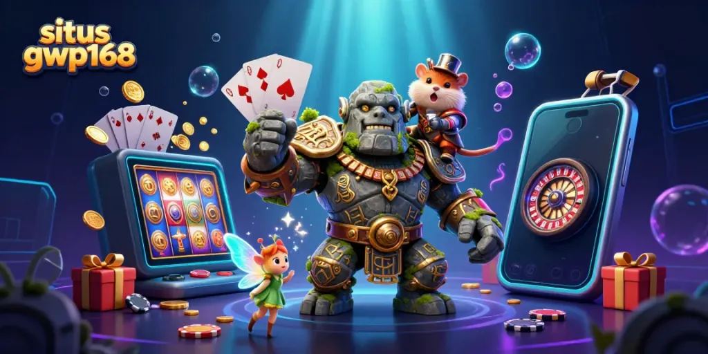 Gambarkan situs gwp168 dengan golem penjaga dan peri, dikelilingi permainan slot yang memukau.