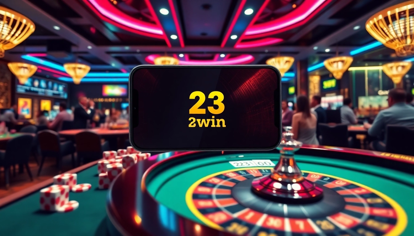 A player winning at the 23win app casino, showcasing a vibrant atmosphere with gaming tables and excitement.