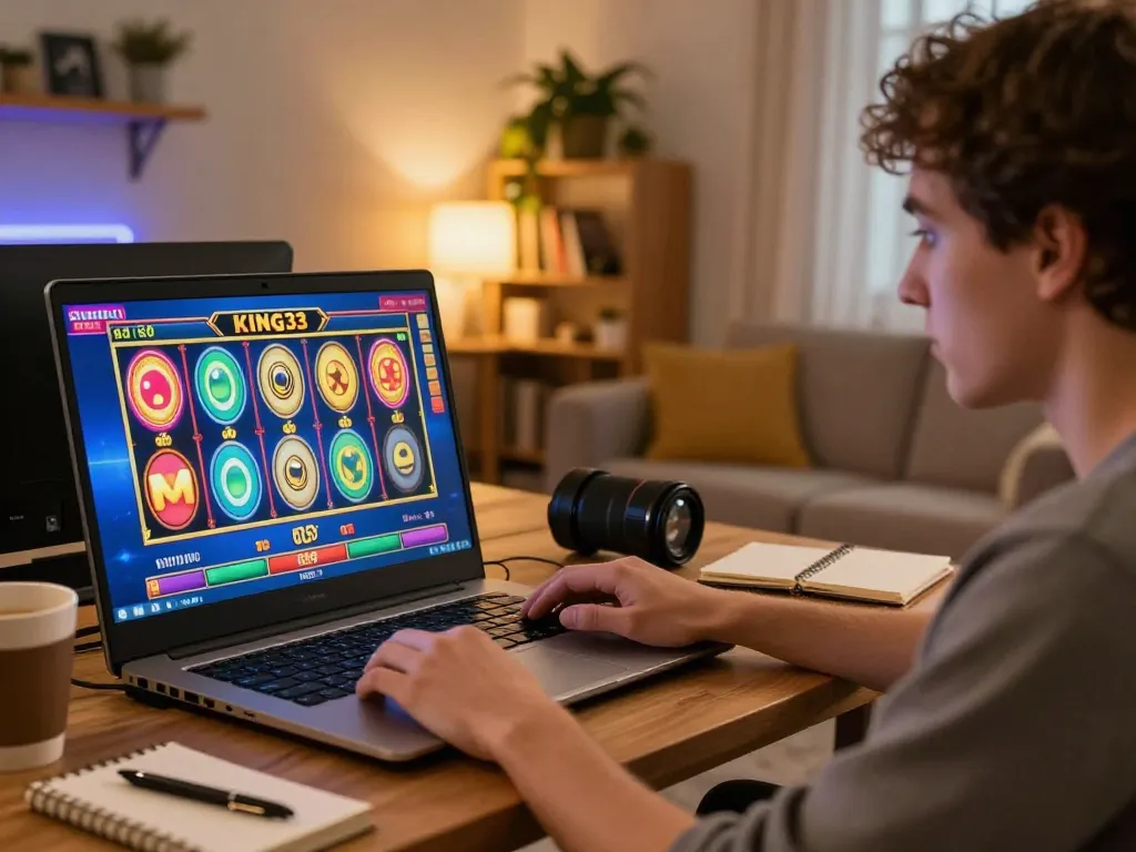 Engaging in king33 online casino slot game on a laptop at home