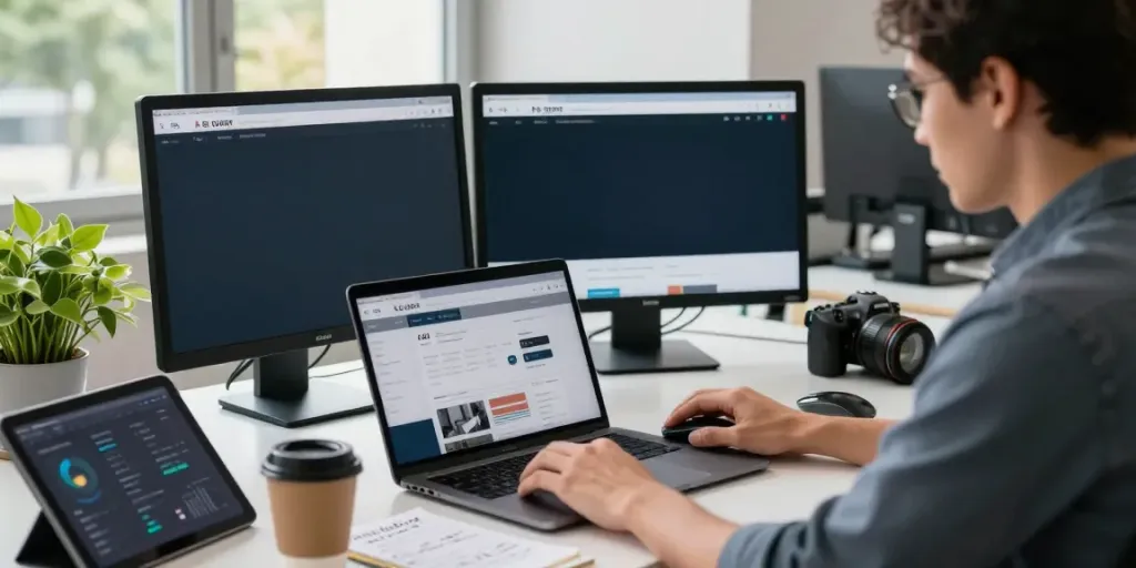 A professional exploring the A80 website in a modern tech workspace, showcasing productivity tools.