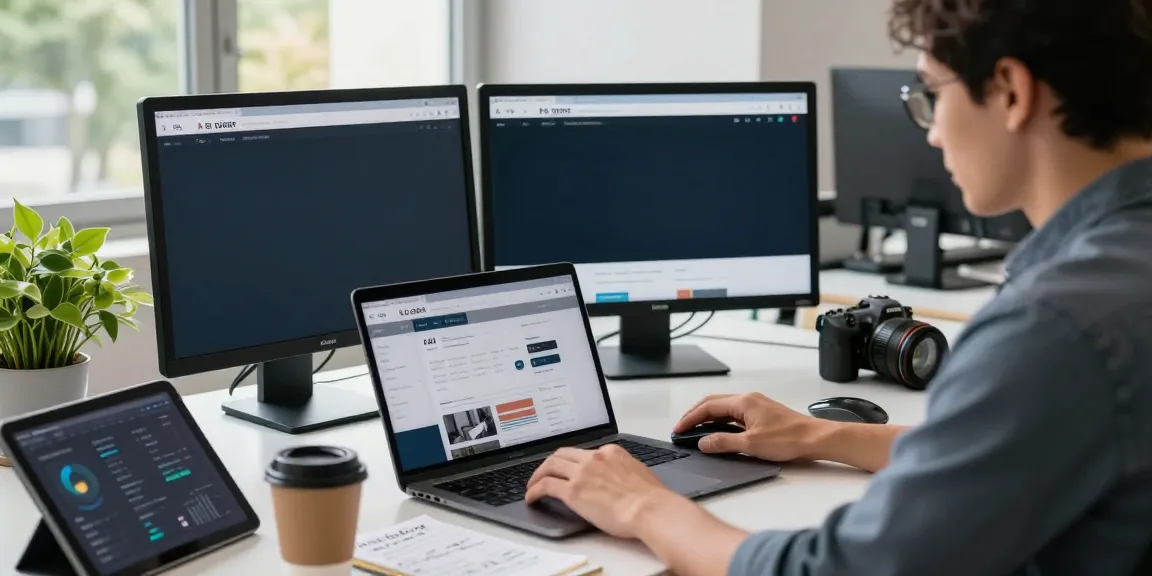 A professional exploring the A80 website in a modern tech workspace, showcasing productivity tools.