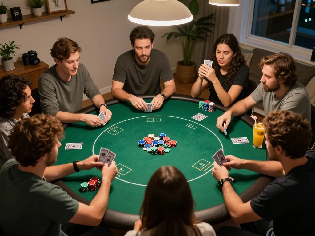 Friends enjoy a thrilling poker night playing at home with dn88-inspired strategies, showcasing chips and cards.