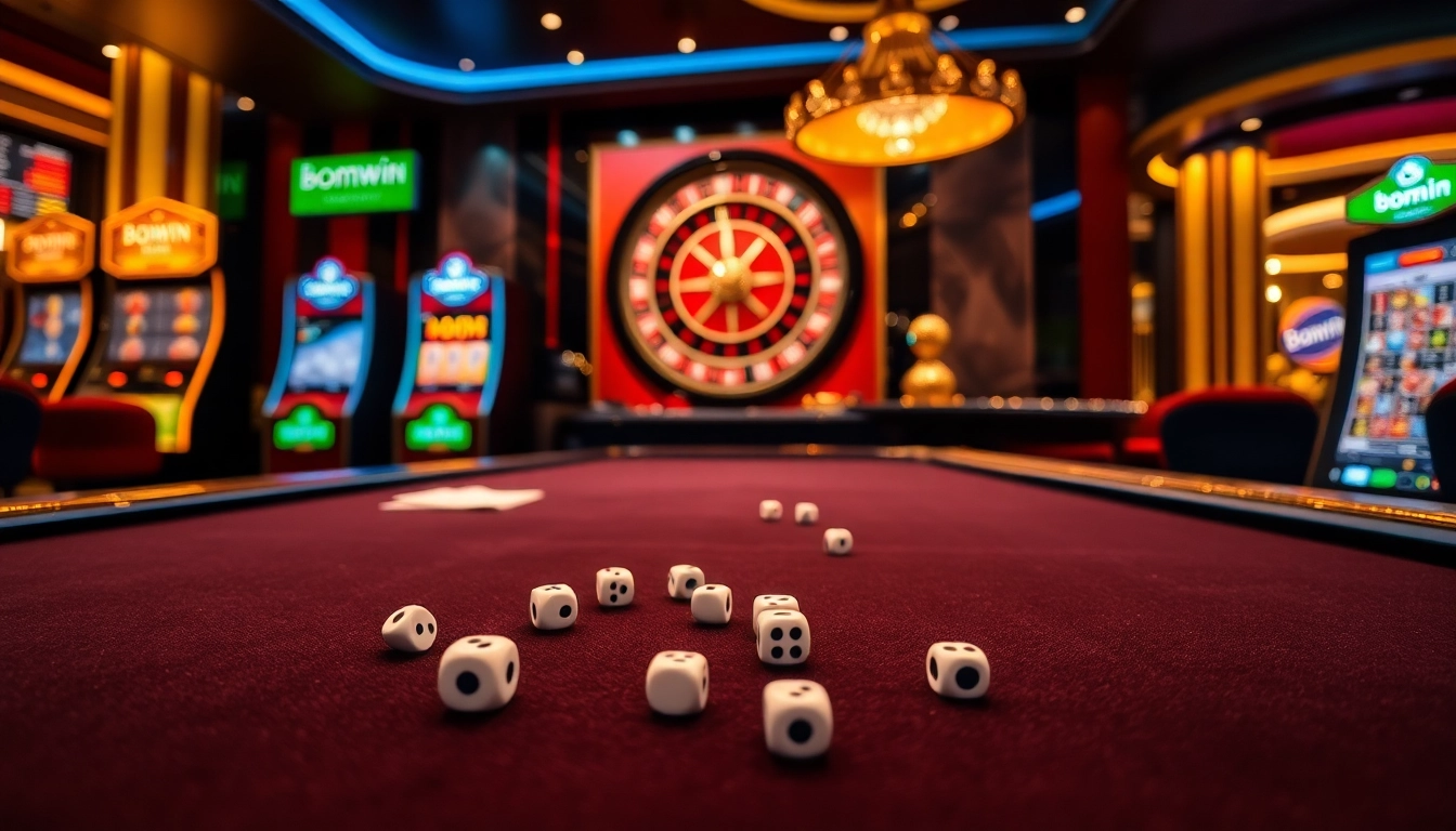 Experience thrilling gameplay at bomwin with vibrant roulette, poker, and slot machine elements.