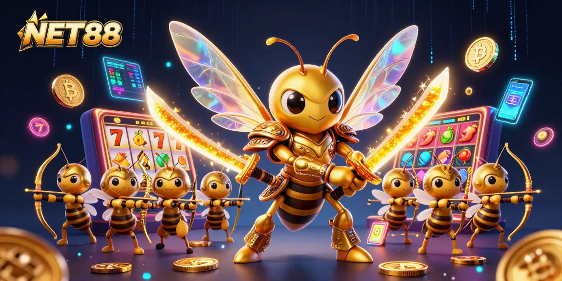 Experience the excitement of NET88 with a vibrant casino scene featuring a golden hornet and interactive slot elements.