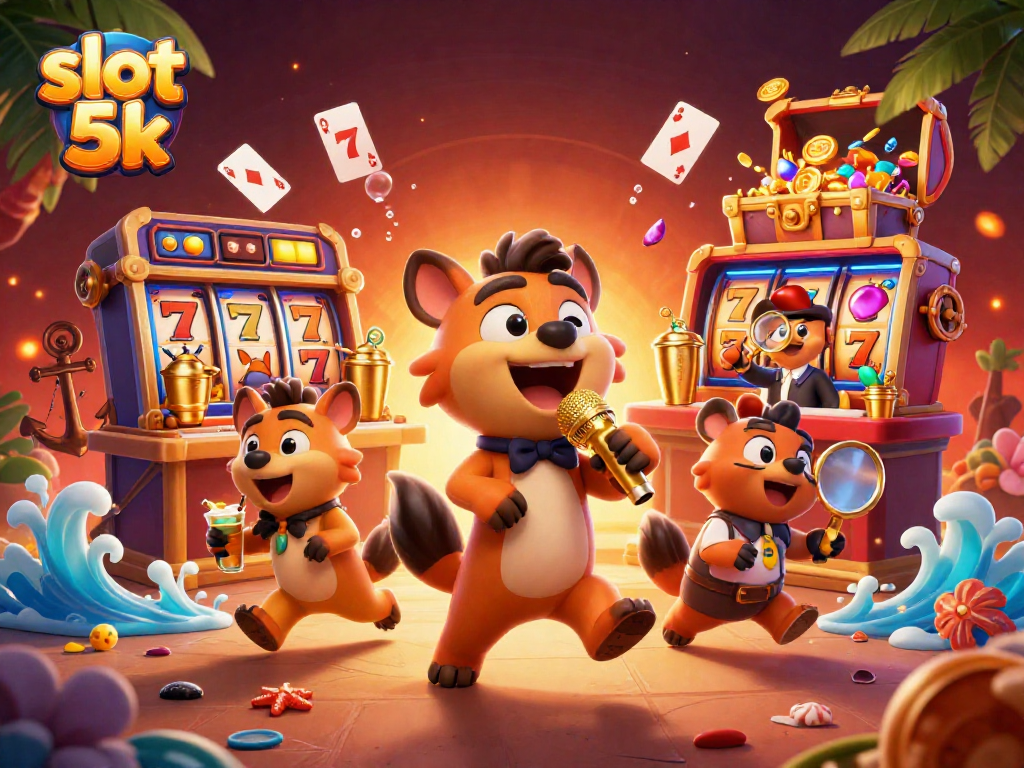 Experience thrills at slot 5k with hyenas in a vibrant casino scene full of colorful elements.