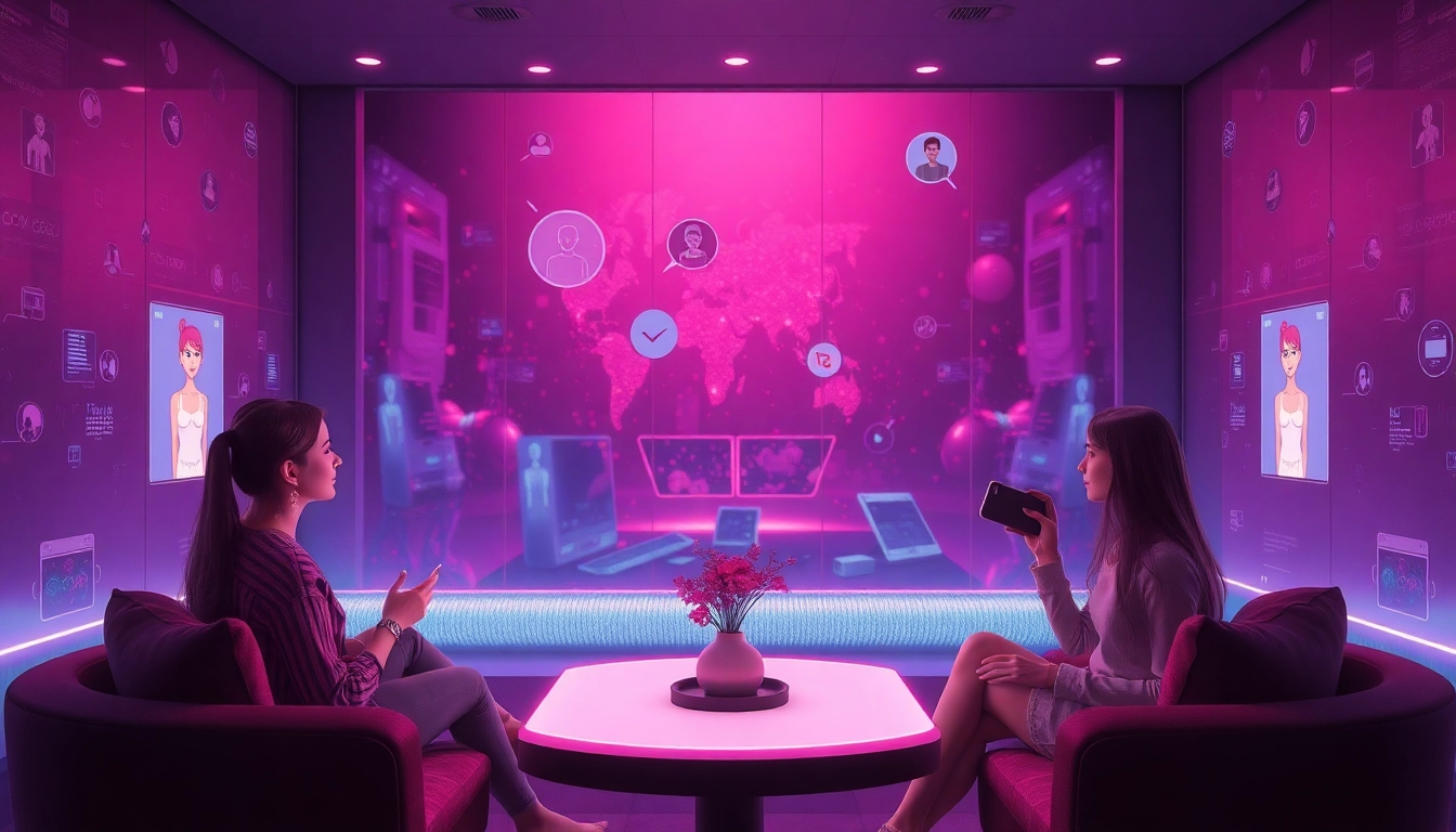 Sexting AI interaction space showcasing vibrant digital interfaces and AI characters for intimate chats.