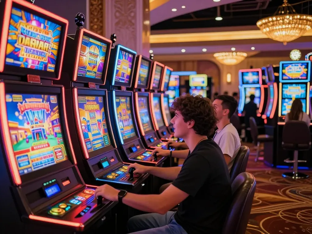 Engaged players experiencing slot gacor hari ini action at colorful casino slot machines