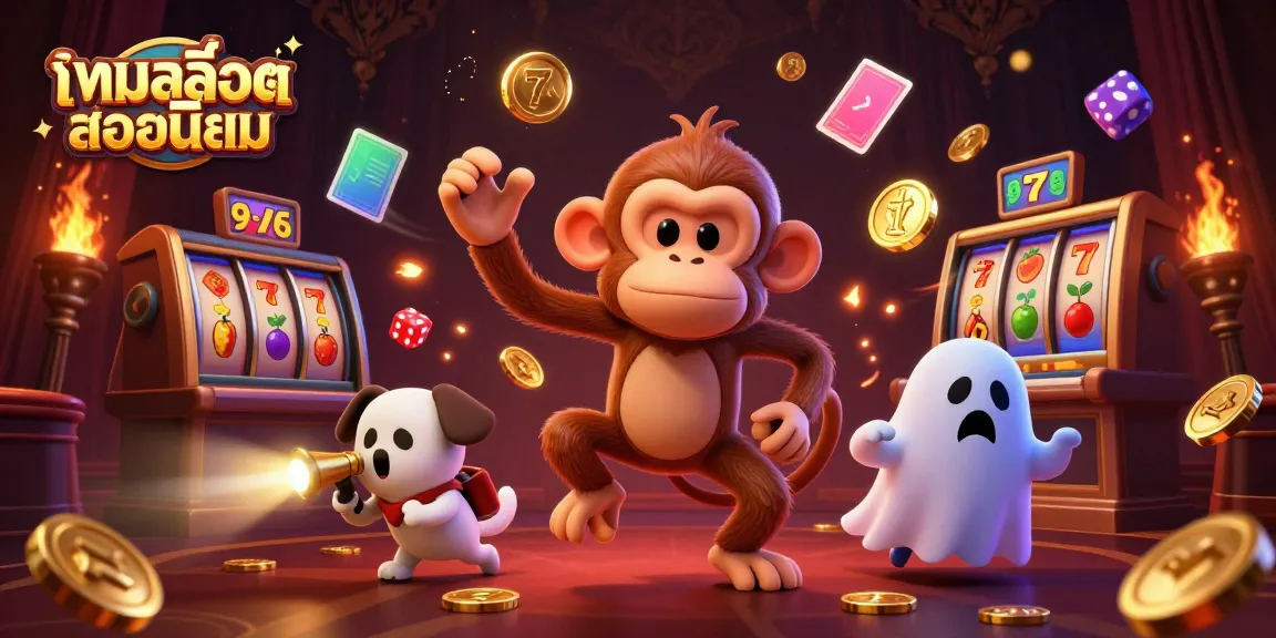Engage with the thrilling world of เกมสล็อตยอดนิยม in this 3D cartoon illustration featuring a mischievous monkey and ghost-hunter puppy in a casino setting.