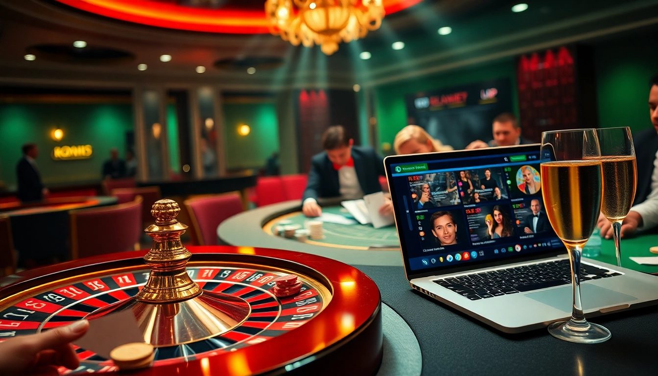 Excited gamblers enjoying high-stakes poker at 68VIP casino with roulette wheel and luxury ambiance.