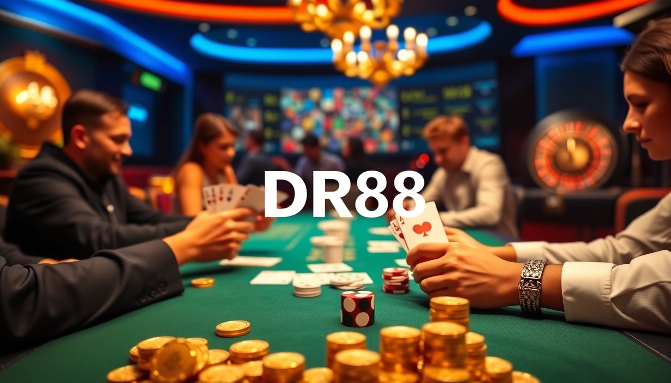 Players engaging at a lively poker table with DR88 branding and vibrant gambling elements.