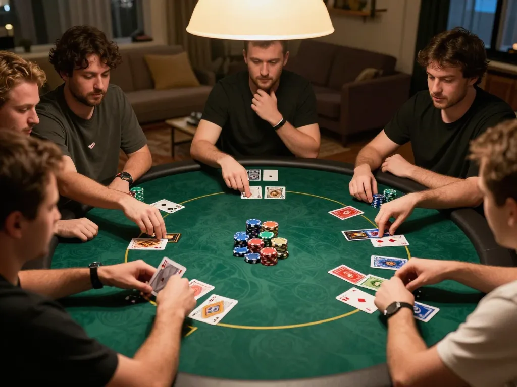 Players intensively engaged in a Texas Hold'em game on badak178, showcasing strategic chip placements and cards.
