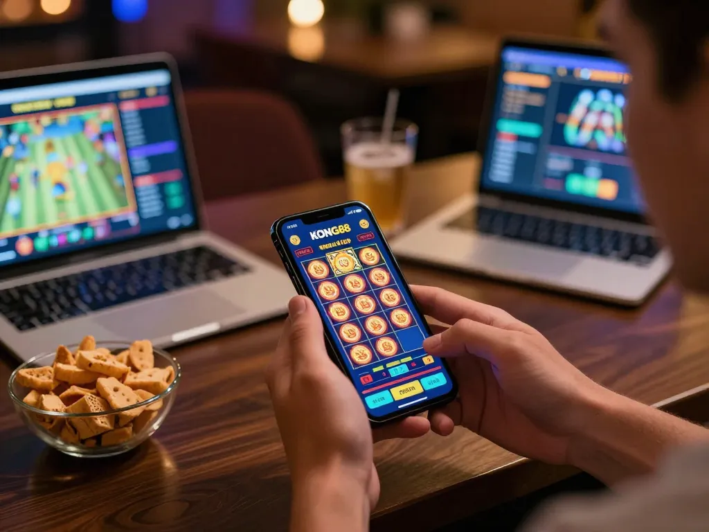 KONG88 app active on smartphone displaying exciting slot game, inviting responsible online gambling.
