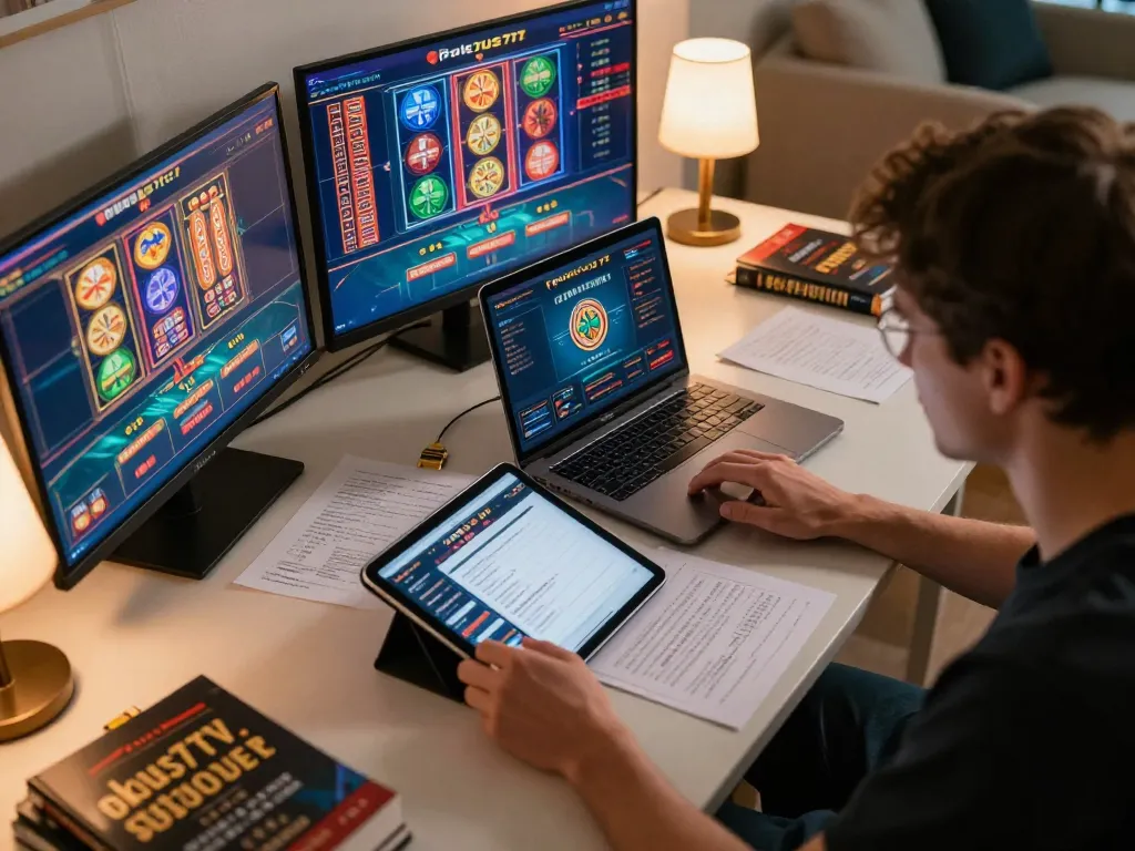 Engaging online gaming action at Fokus777 showcasing slots and poker on multiple screens in a cozy home setting.