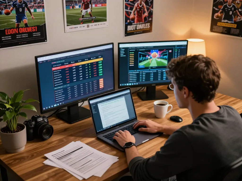 Tỷ lệ kèo nhà cái reflected as a person focuses on online sports betting game strategies at a modern home setup.
