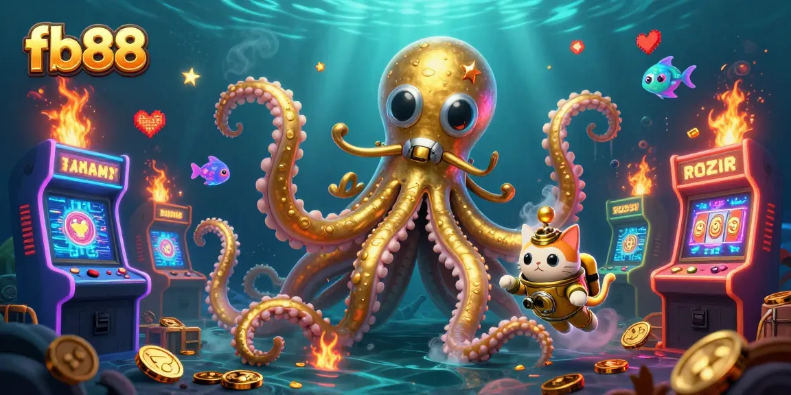 Play thrilling games at fb88, featuring a vibrant kraken and a diving cat amidst colorful casino elements.