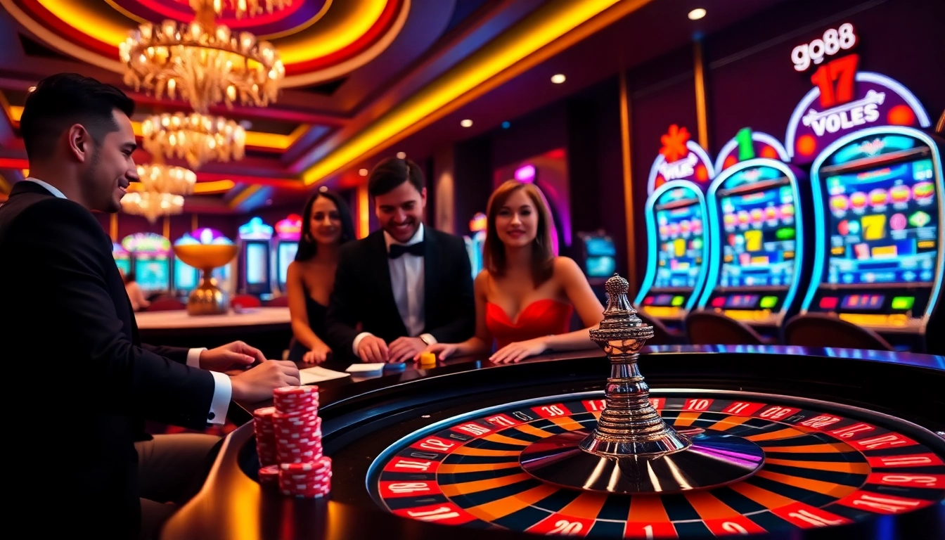 Players enjoying high-stakes action at a go88 casino table with vibrant chips and cards.