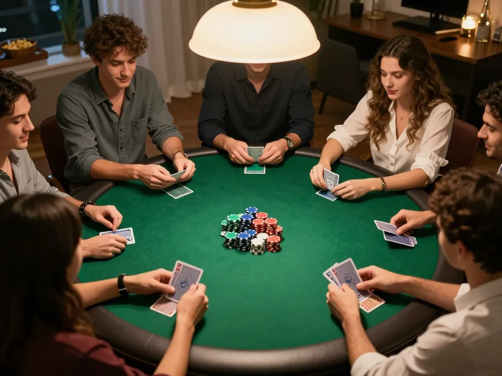 Engaging friends at home poker night playing cards, showcasing responsible gambling on trang chủ ww88.