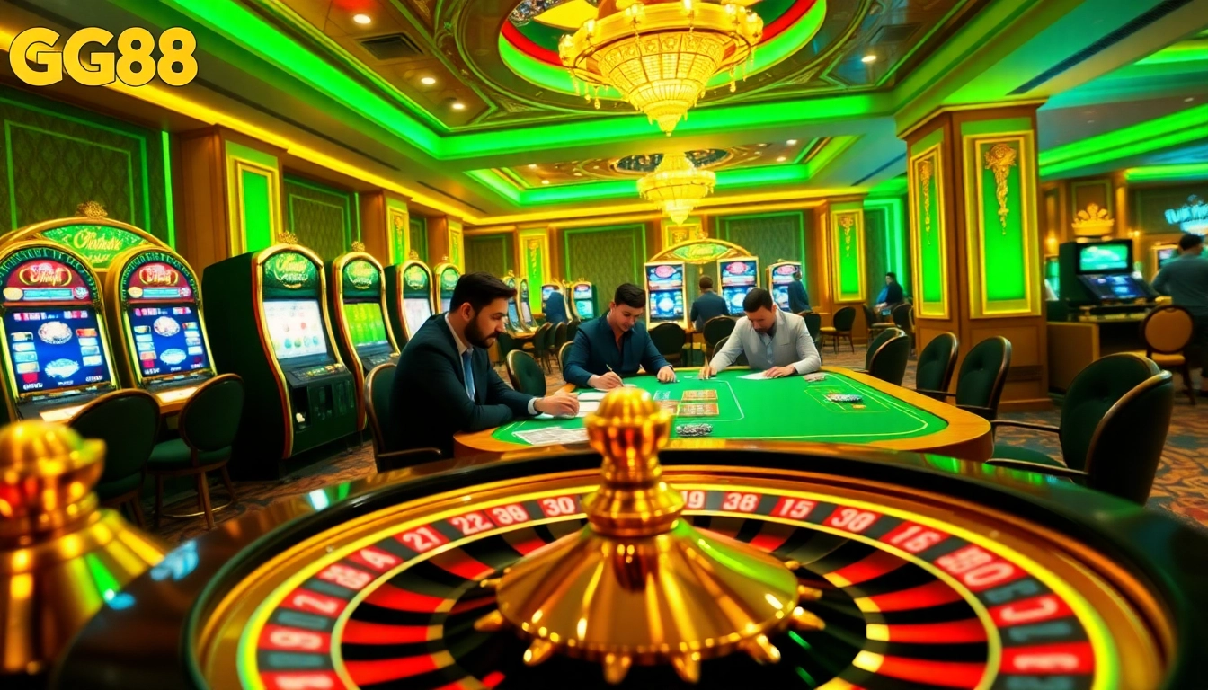 Players engage in a thrilling poker game at GG88's luxurious casino setting, showcasing excitement and high stakes.