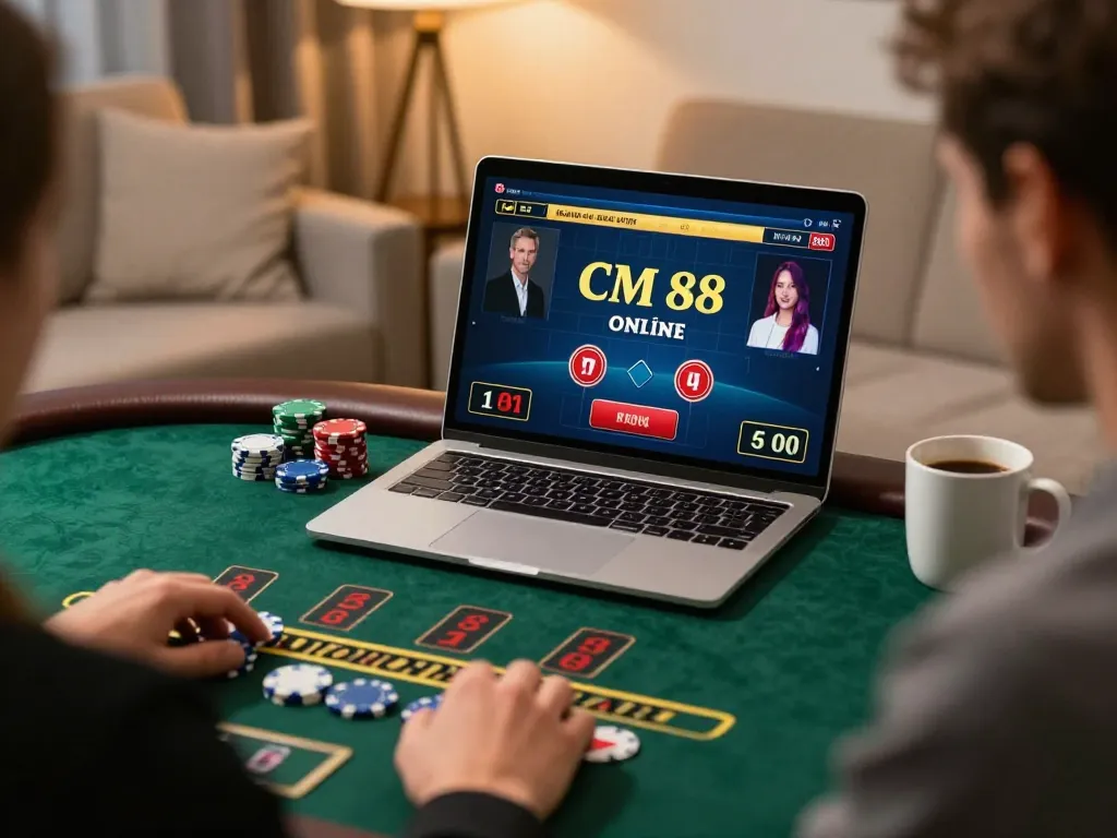 Player strategizing at CM 88 online blackjack, showcasing live dealer action and cozy atmosphere.