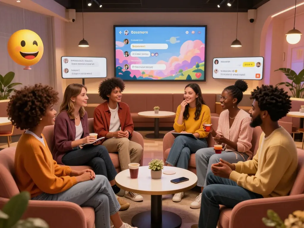 Engaging 18+ ai virtual chat scene featuring diverse characters in a cozy digital lounge.