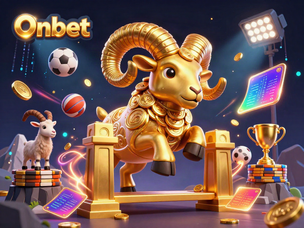 Experience thrilling gameplay at Onbet with a golden ram charging through a casino gate, surrounded by sports elements.