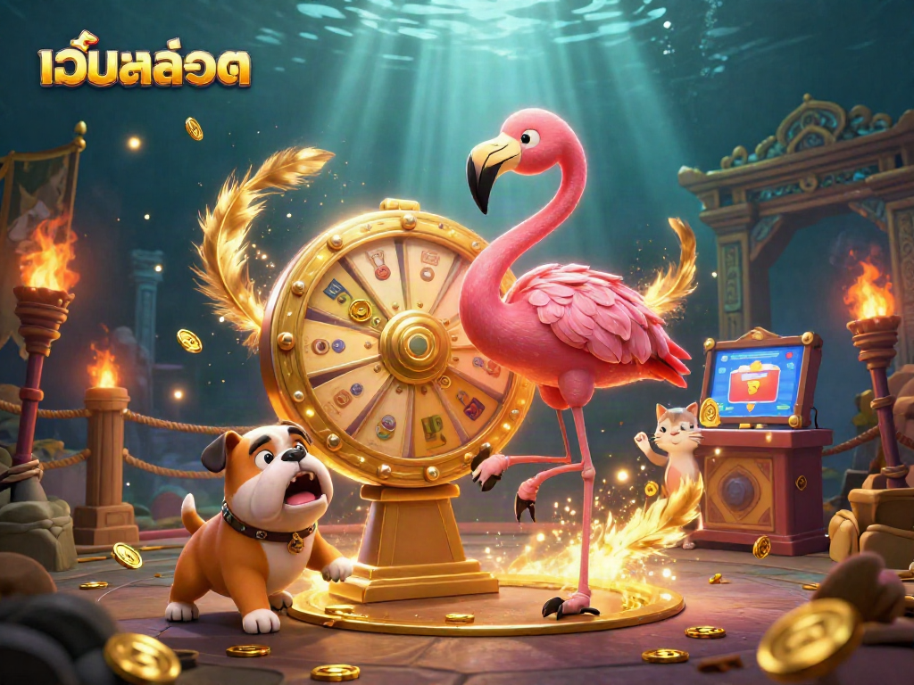 Engage with เว็บสล็อต through an exciting dynamic scene featuring a game show host, bulldog contestant, and scoreboard assistant.